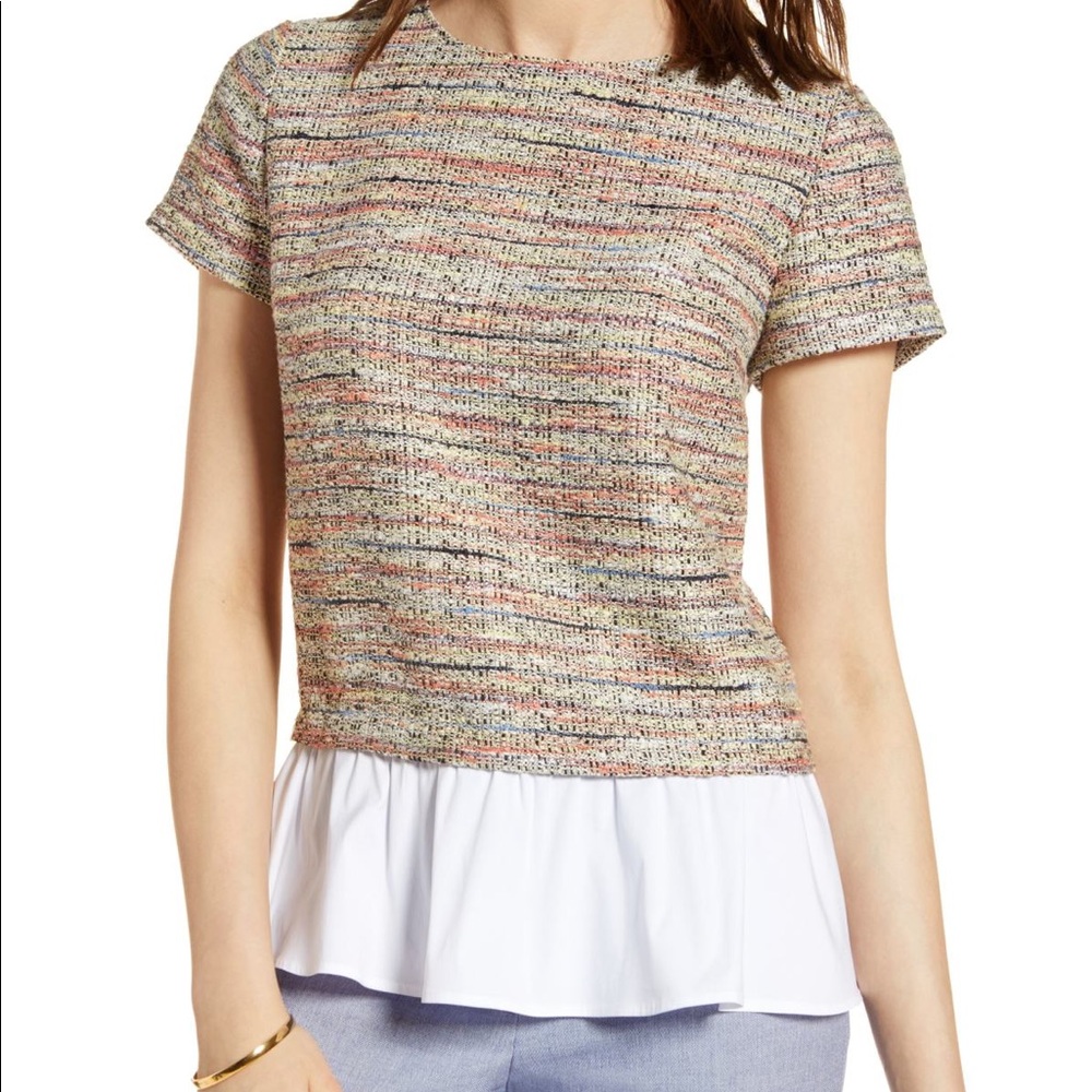 HALOGEN:Poplin Ruffle Tweed Top